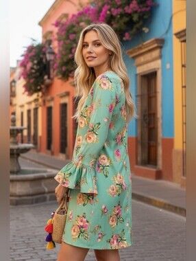 Nwt J. Crew Mint Green Pink/Creme Garden Floral Long Ruffle Sleeves Shif…